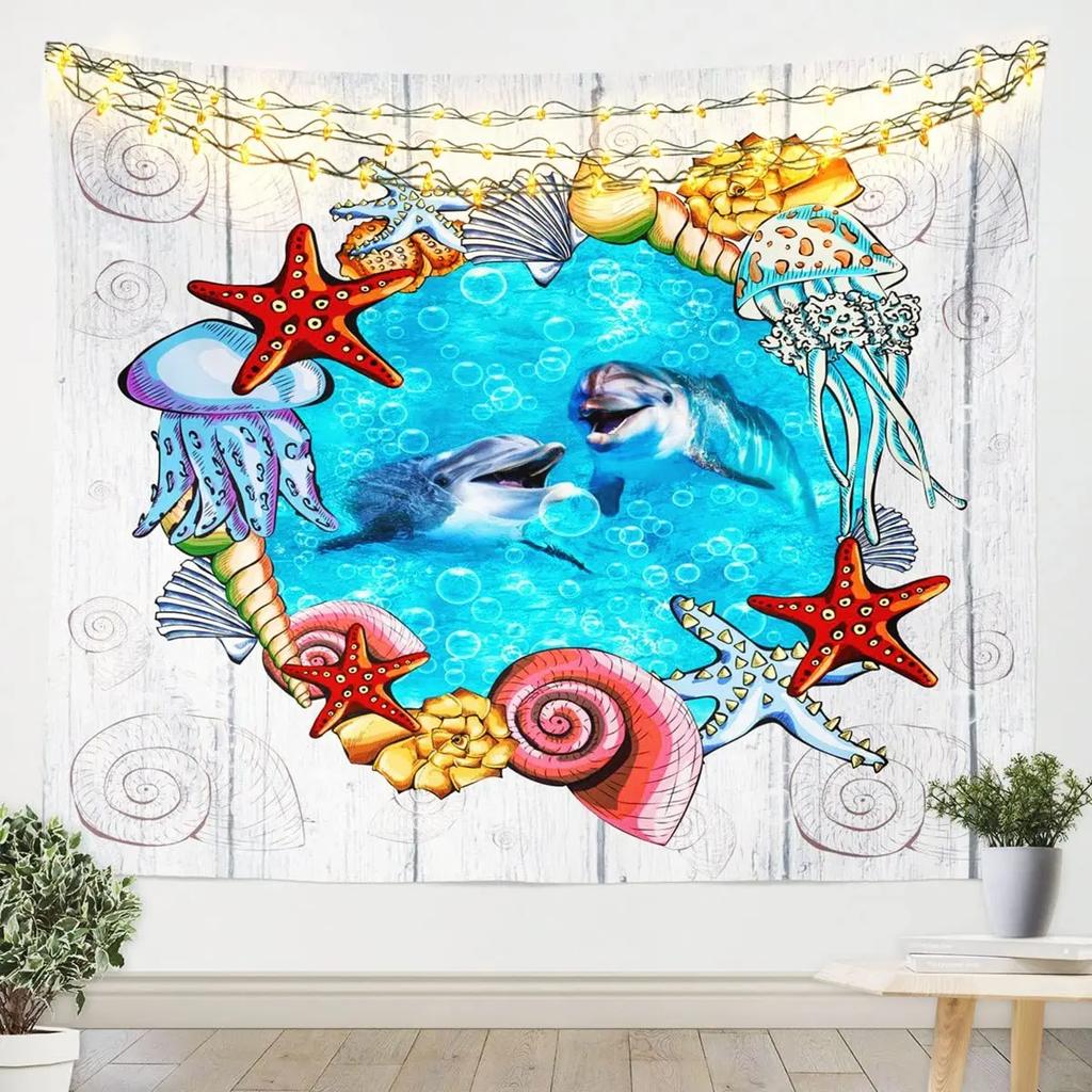 Unterwasser-Oase Wandteppich Delfin Unter dem Meer Korallenfische Anemonen Tiefsee Fantasy Blasen Wandbehänge Dekor Zimmer Wandteppiche