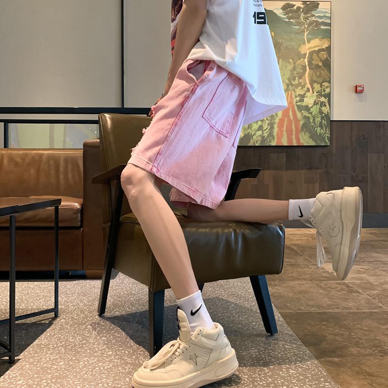 New pink ripped denim shorts men's summer casual fashion five-point pants