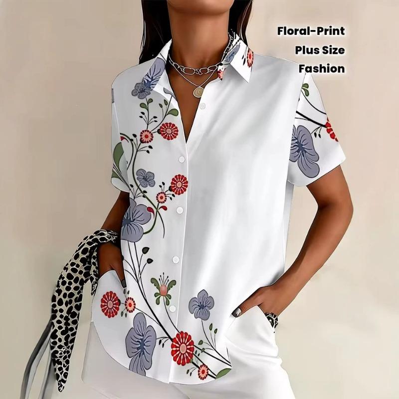 Women Casual Comfortable Short Sleeve Floral Print Fashion Shirt S