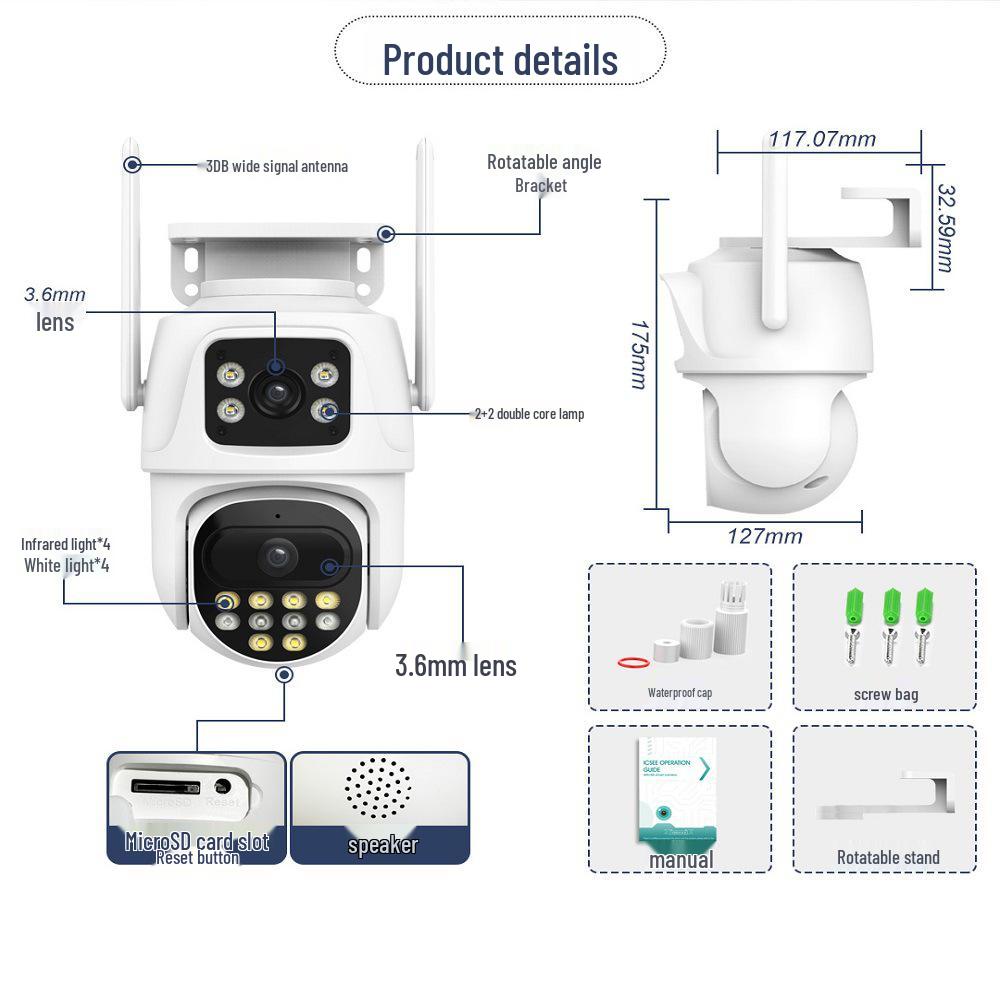 ICSee PTZ Dual-Lens 3MP HD Wireless Surveillance Camera with Dual-Screen