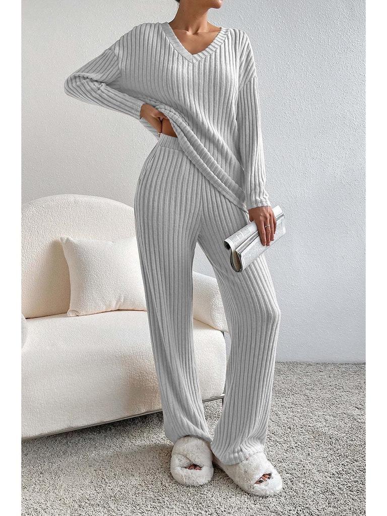 2025 Autumn Women's Cross-border Casual V-neck Rib-knit Set with Loose Straight-leg Pants