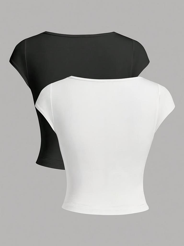 2 Pieces of Fashionable and Sexy Solid Color Low-neck Slim-fit T-shirt Women's Vests
