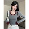 Ins Sexy Spice Crew Neck Matching Color Long-sleeved T-shirt Autumn New All-fit Slimming Pullover Base Shirt Top