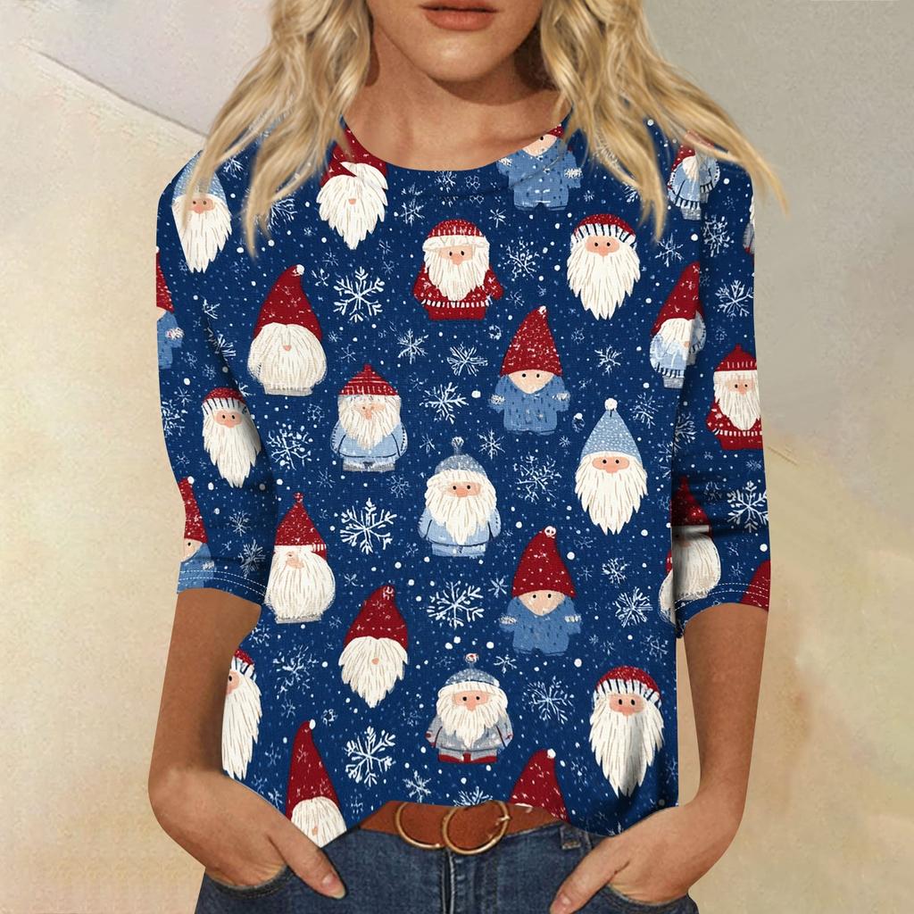 Women's Casual Christmas Print Three-Quarter Sleeve Neck Loose Fit Shirt