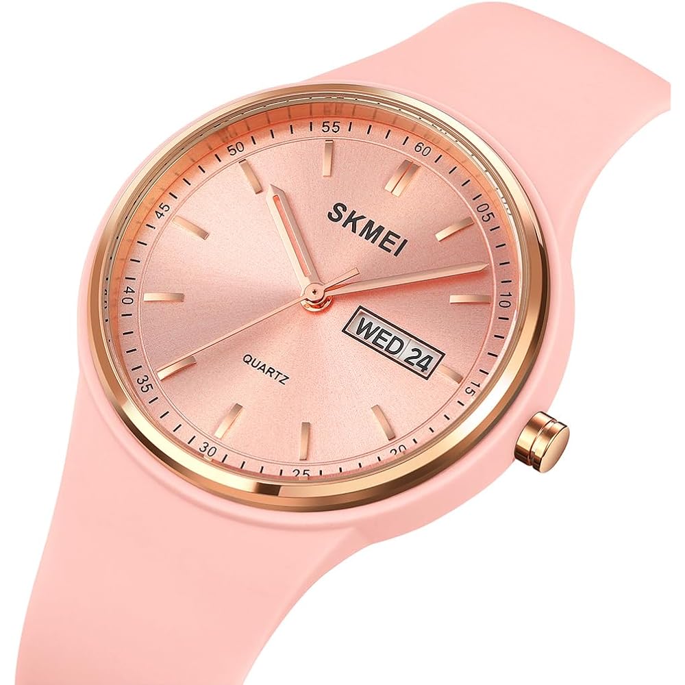 SKMEI Women's Silicone Waterproof Sports Watch Cute Simple Casual Design with Date and Day Display Pink