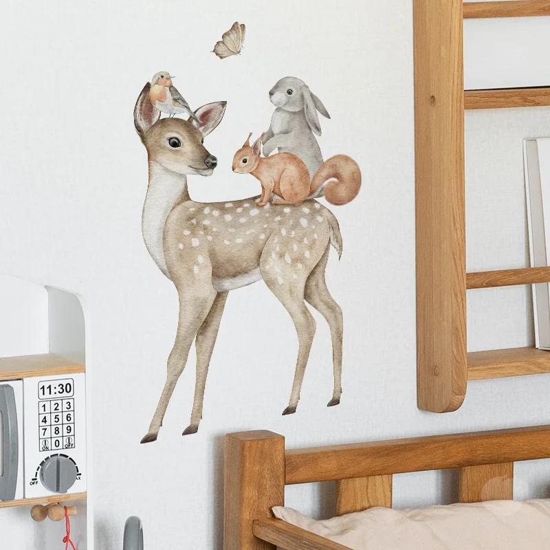 Cartoon Animal Sika Deer Fox Rabbit Room Background Decorative Wall Stickers Room Decoration