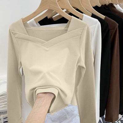 Haut à col carré pour femme, pull à manches longues, coupe cintrée, garde au chaud, en Polyester, hiver, col carré, haut à bascule pour femme