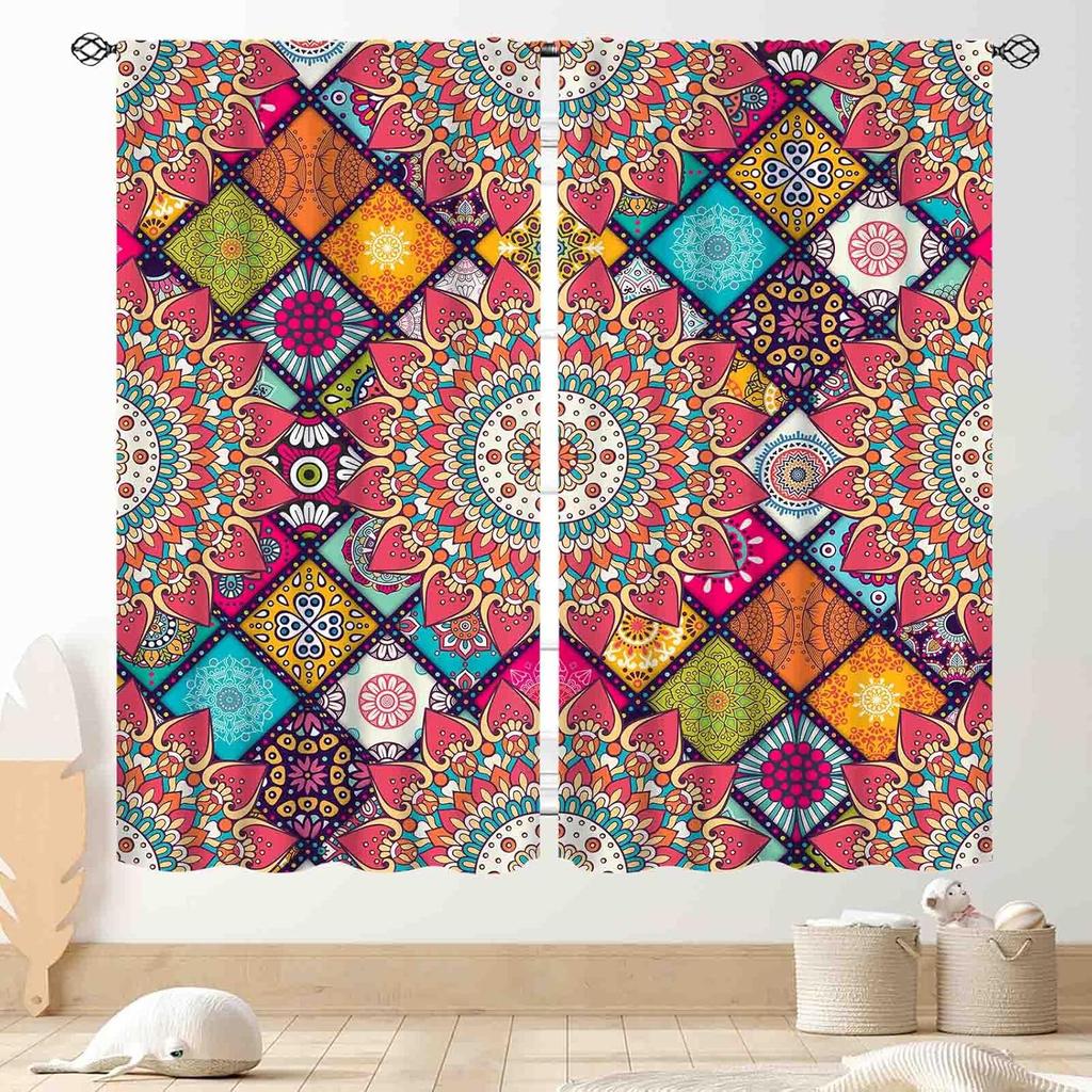 Hippie Mandala Vorhänge, Indisches Medaillon Trippy Boho Paisley Ästhetische Kunst Dekoration Bunte Orange Fensterbehandlung Für