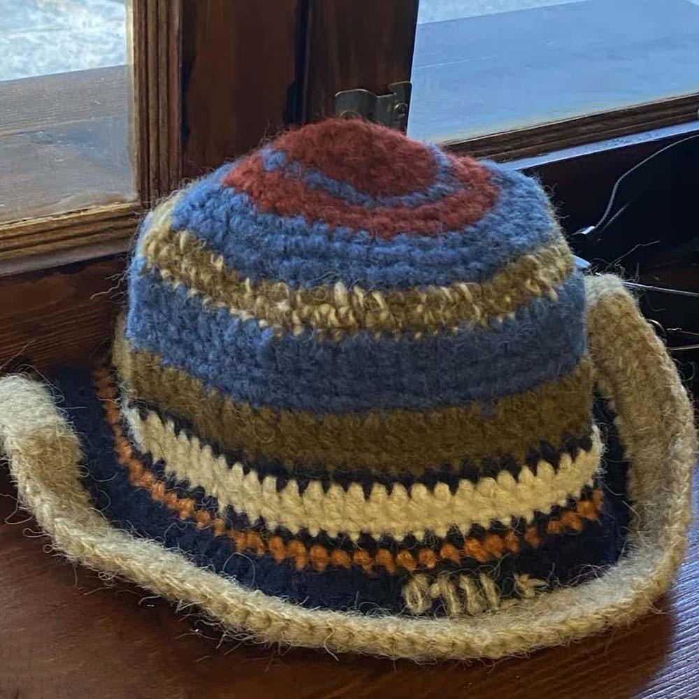 Warm Striped Fisherman Hat Anti-cold Woven Basin Cap Seaside Beach Cap Knitted Bucket Hat  Daily