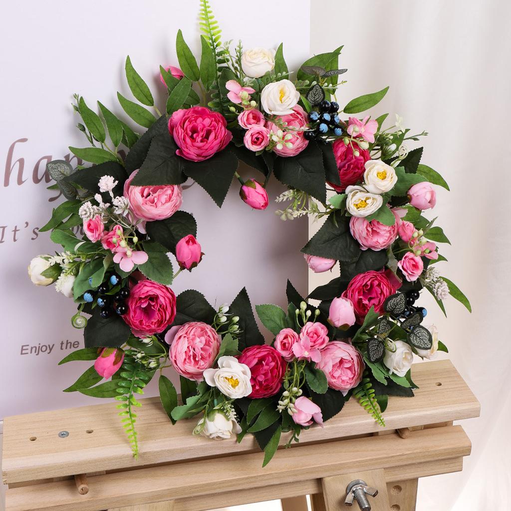 Artificial Peony Wreath Silky Fabric Beautiful Fadeproof Flower Wreath for Door Wedding Wall Decoration
