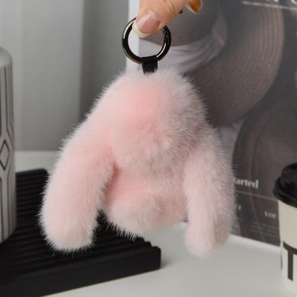 Cute Fluffy Rabbit Ring Plush Pompon Bunny Bag Pendant For Girls Car Jewelry Gifts Bag Charm