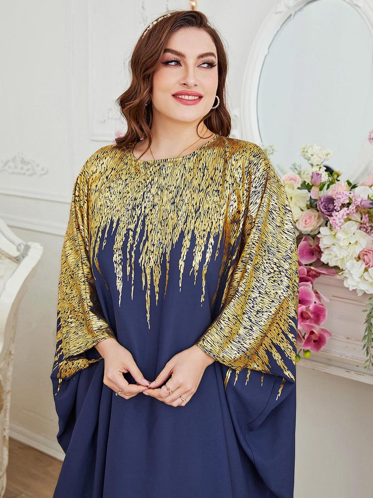 3057 Nahöstliches muslimisches Kleid: Kontrastnähte, weiter Fledermausärmel, Langarm mit Heißprägung