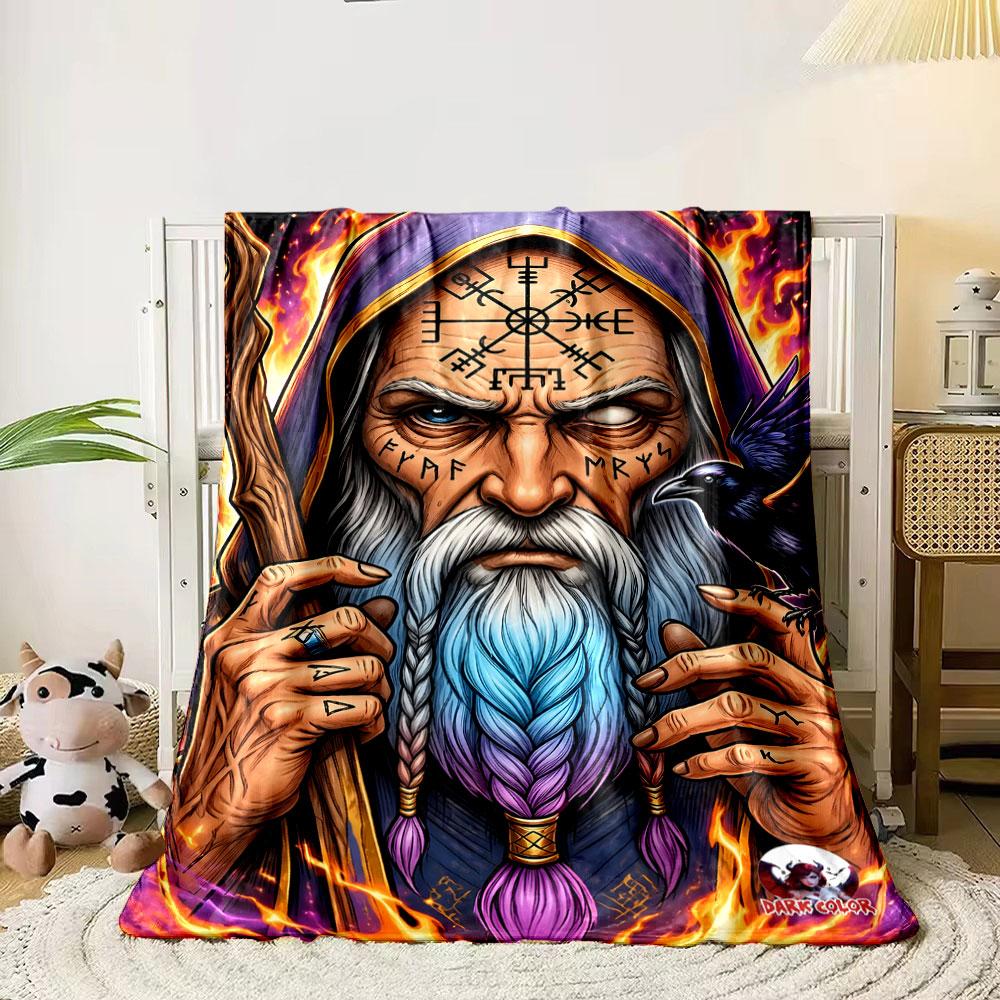 Mystical Wizard with Runes and Raven print blanket soft and cozy perfect for the living room bed sofa or a nap,gift