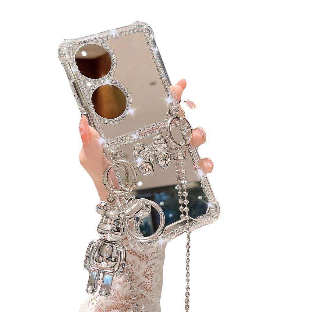 Applicable to Huawei P50pocketS camellia mirror zflip7 messenger chain flash diamond cartoon bear protective case