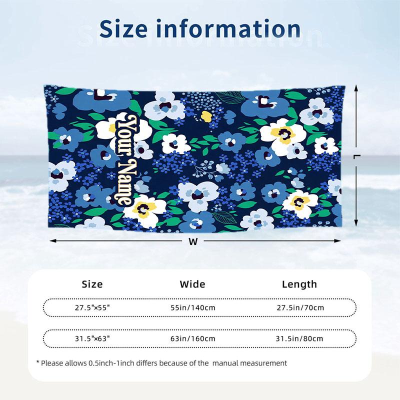 Floral 11 Theme Quick Dry Beach Towel Custom Name Text Print Large Sand Resistant Towel Beach Vacation
