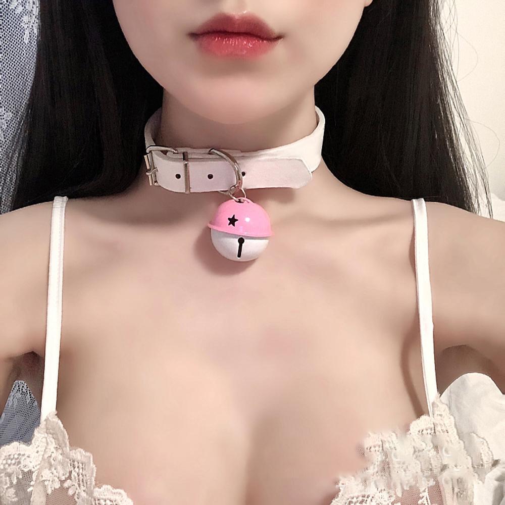 Sexy Women Pink PU Leather Bowknot Traction Rope Metal Link Chain Bell Pendant Punk Collar Choker Necklace Jewelry Accessories