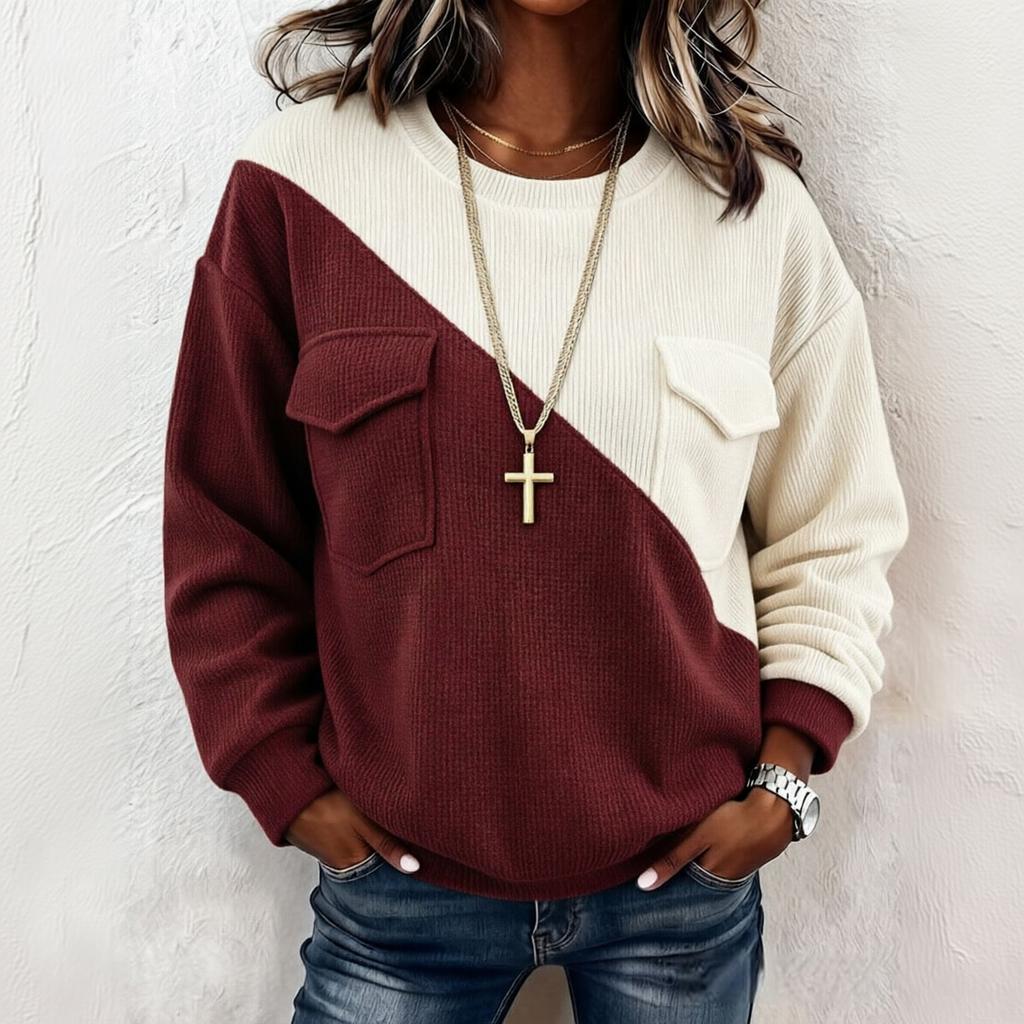 Women's Color Block Long Sleeve Casual Cargo Pocket Sweatshirt