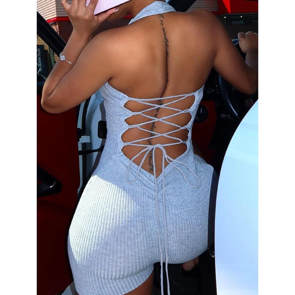 Women's V-age Neck Hanging, Backless, Lace Up, Solid Color, Pit Stripe, Slim Fit, Sexy Girl Jumpsuit