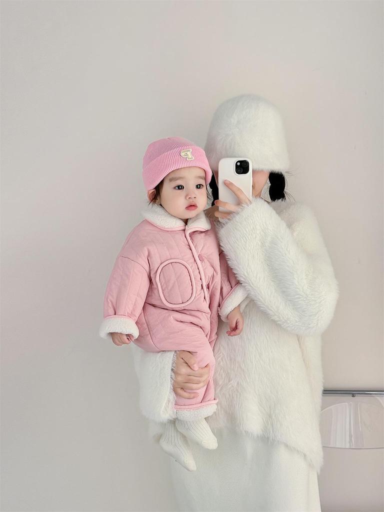 Coffee-Colored Fleece-Lined Baby Romper: Trendy Padded Cotton Jumpsuit for Boys/Girls