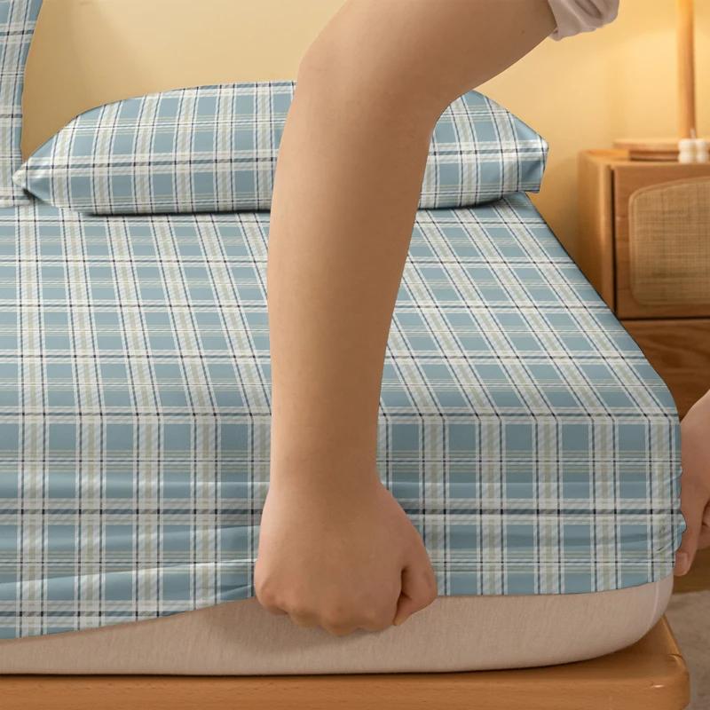 1 Simple Modern Grid Geometry Printed Matte Fitted Sheet, Bedroom Printed Bed Cover, Bedding (Excluding Pillowcases)