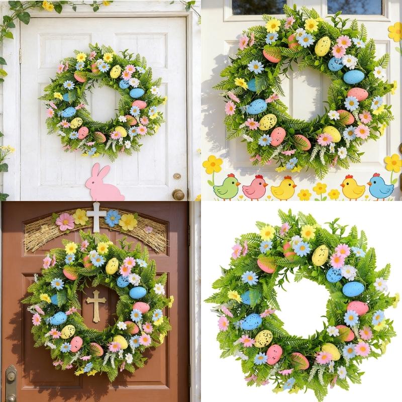 Easter Eggs Artificial Flower Wreath Easter Wreath Wall Hanging Decoration for Front Door Porch Mantels Home Decoration