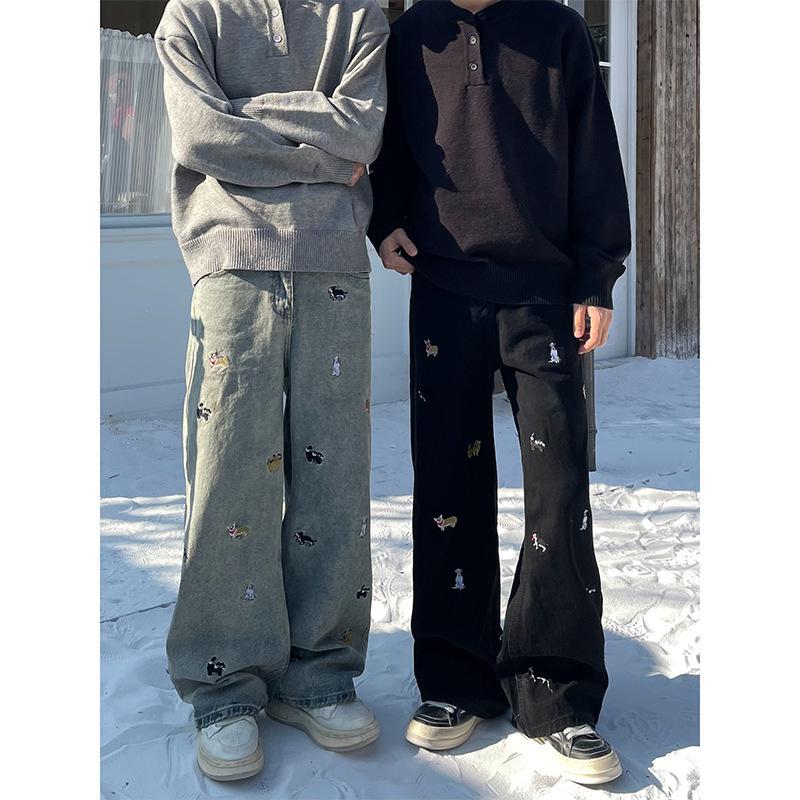 American Retro Washing and Old Embroidered Jeans for Men and Women High Street Handsome Loose Wide-leg Straight Casual Pants