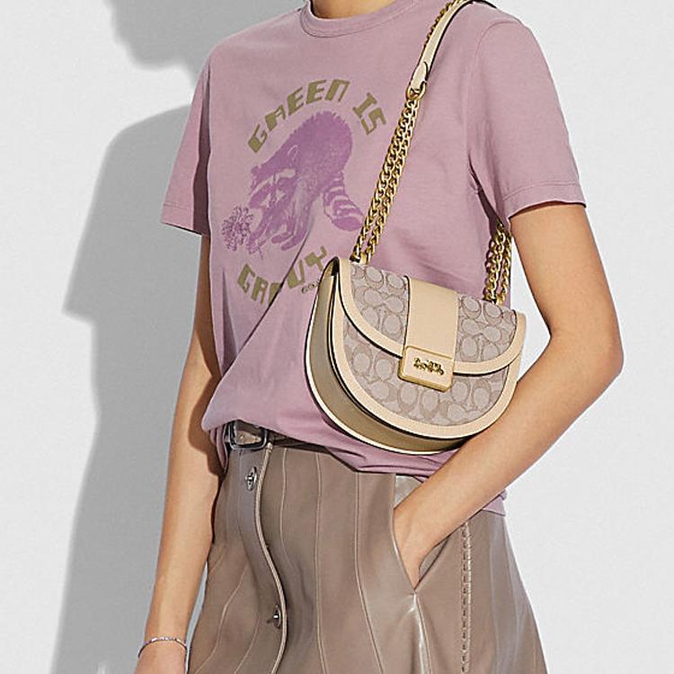 Coach Alie 20 Chain Monogram Canvas And Leather Saddle Bag Women Shoulder Bag Khaki White C3464-B4SHG