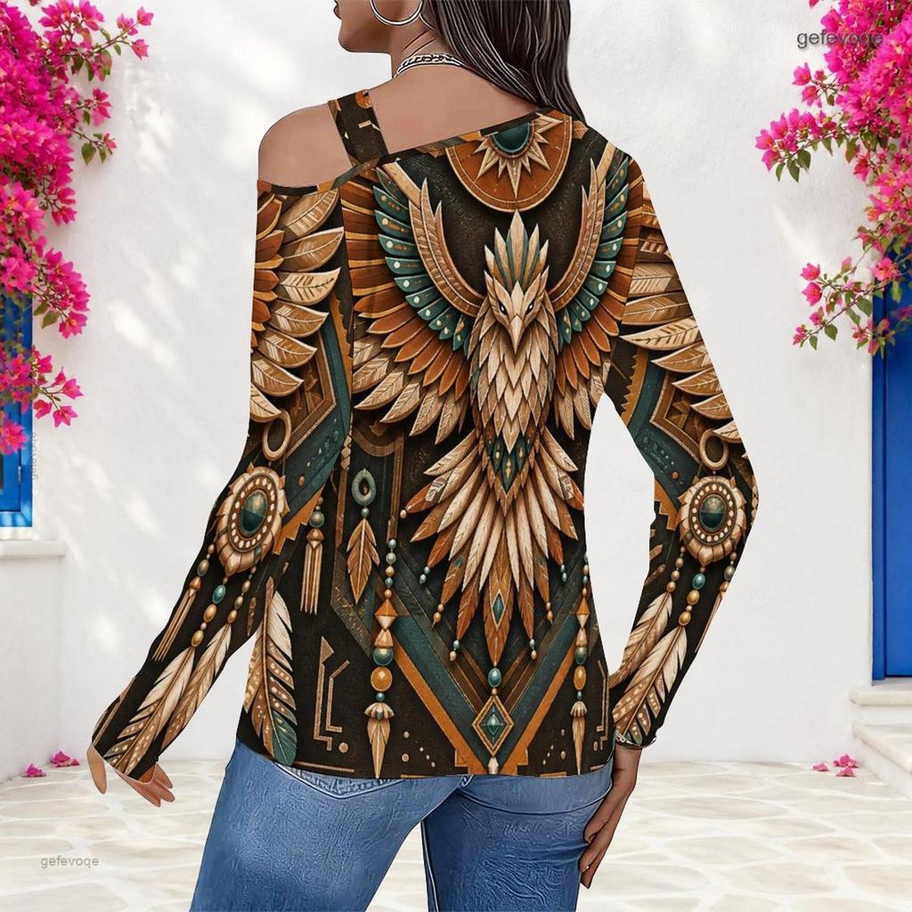 Women Plus Size Asymmetric Cutout Neck Cold Shoulder Long Sleeve Fitted Eagle Printed Top