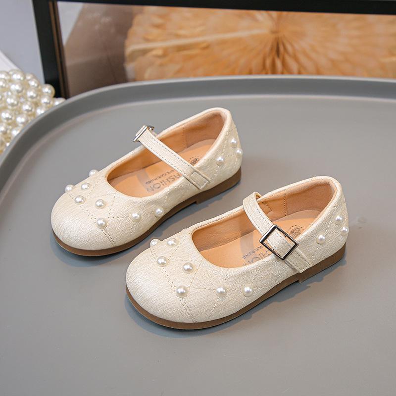 Girls' Black Soft-Soled Leather Mary Janes with Pearls - New 2026 Spring/Autumn Ballet Performance & Casual Shoes