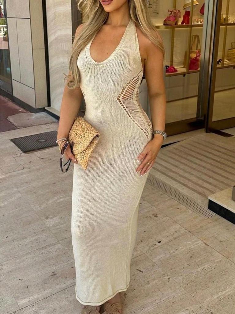 Rose Beauty A Sexy V-Neck Hollow Out Waist Tie Backless Knitted Halter Party Clubwear Bodycon Sweater Long Dress