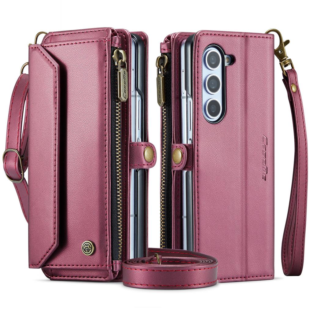Per Galaxy Z fold 7 6 5 4 3 Custodia con Slot Porta Penna, Custodia Portafoglio con Blocco RFID con Porta Carte Cinturino con Zip Pelle PU Flip