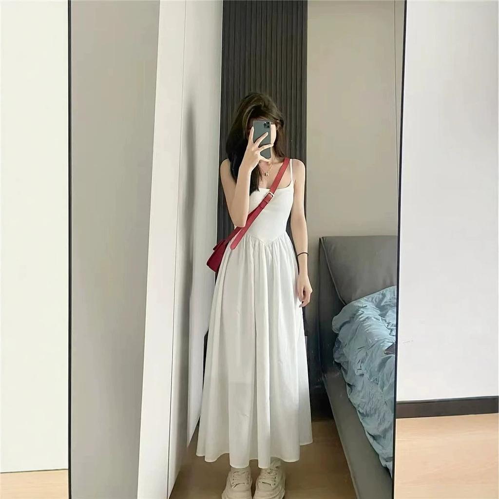 inner + shoulder strap adjustable French white suspender skirt waist thin long skirt niche design dress