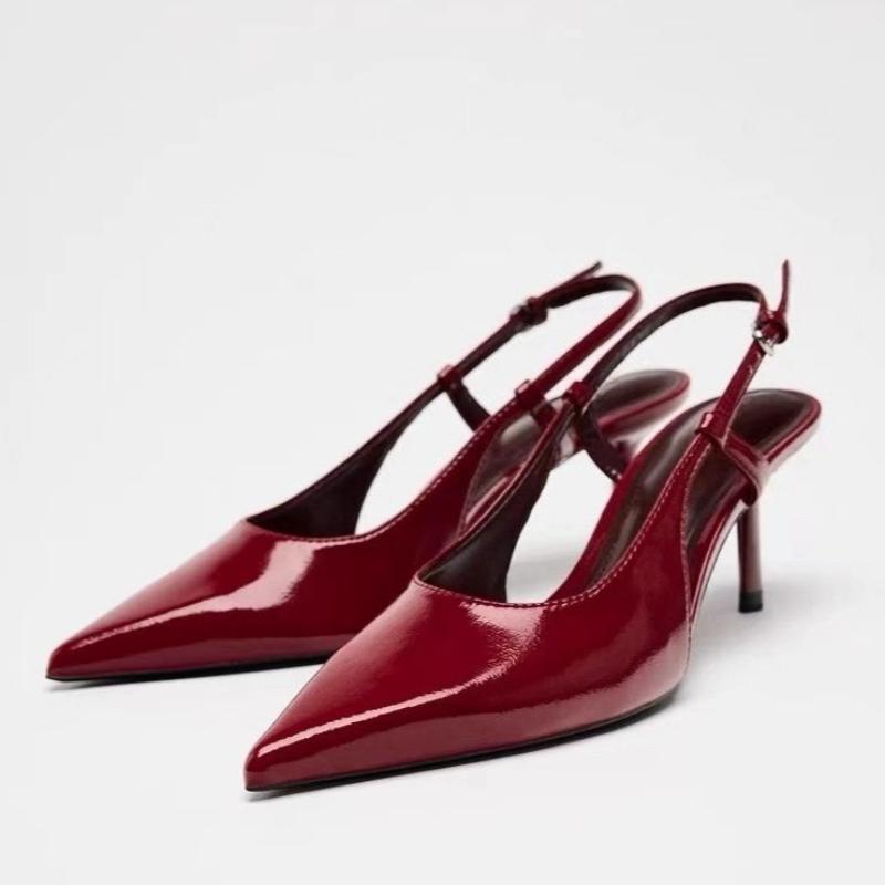 Summer High Heels Women Shoes Pointed Toe Elegant Red Patent Leather Slingbacks Trend Dress Party Stiletto  Sandals