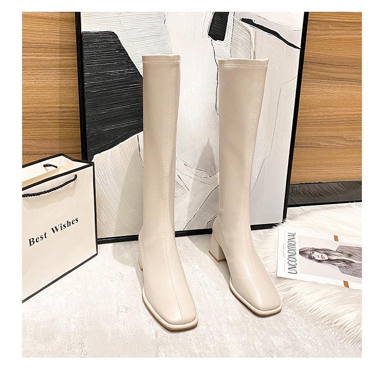 Leather Boots Women's Thick Heel Brown Square Head Tall Knight Boots But Knee Boots Elastic Long Tube 2021 Autumn and Winter