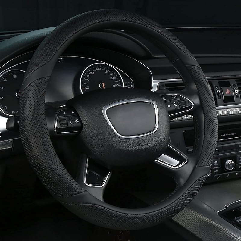 ALEMODR Brown Leather Steering Wheel Cover Universal 15 inch