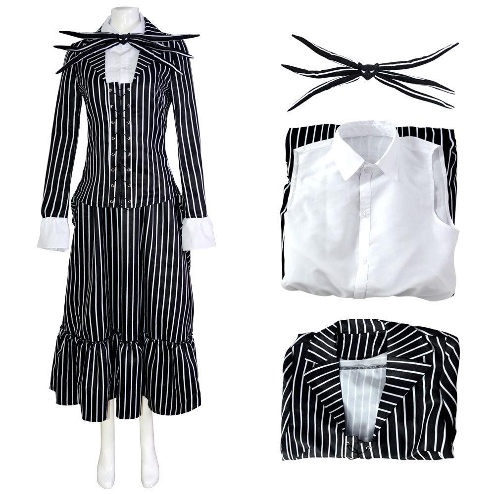 Set Costume di Halloween Jack Skeletron per Uomo, Outfit Cosplay Nightmare Before Christmas, Include Tuta, Guanti, Cravatta, Outfit per Festa di Natale