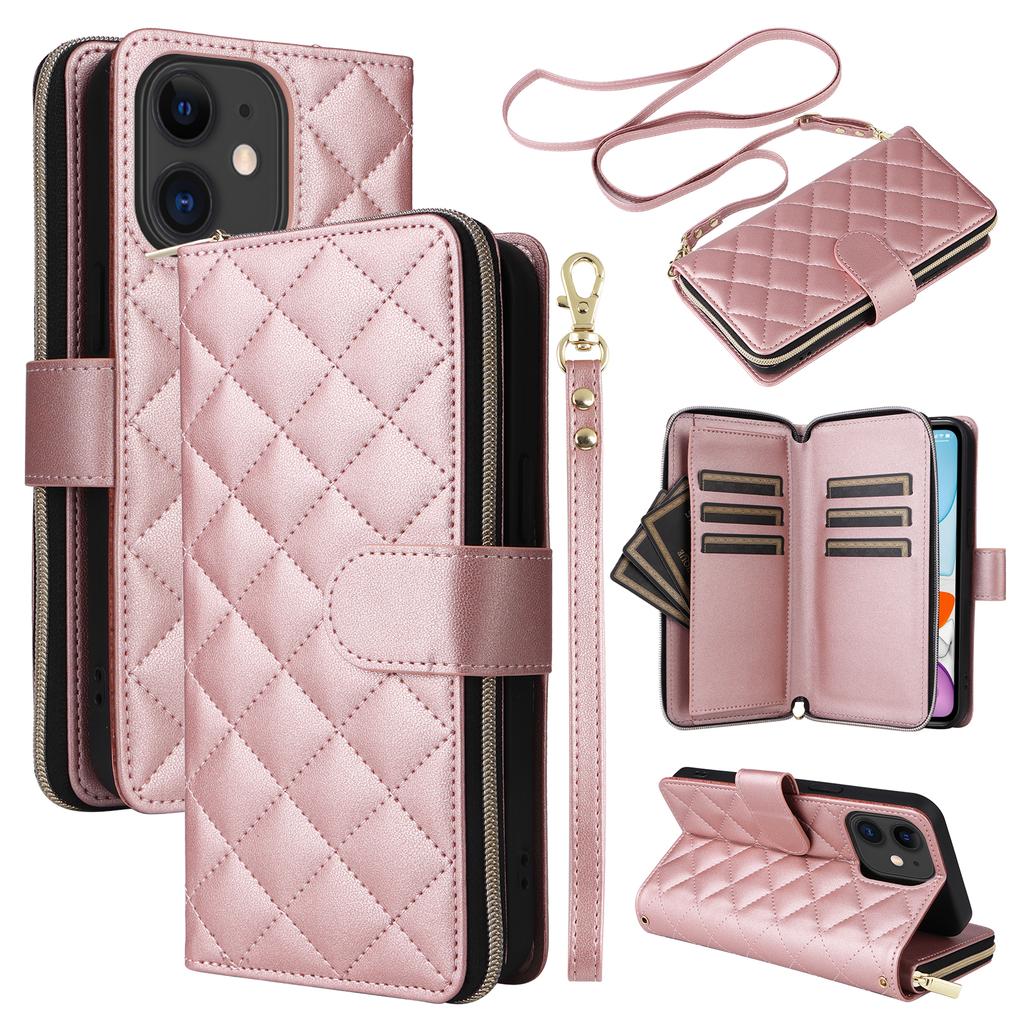 For iPhone 11 Case Leather Zipper Wallet Rhombus Phone Cover with Shoulder Lanyard