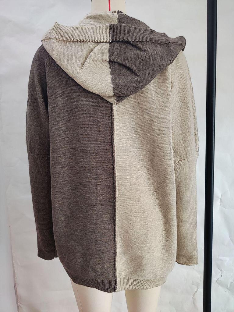 Color Block Hooded Knit Cardigan - Women's Mid-Length Outerwear for Autumn/Winter 2025