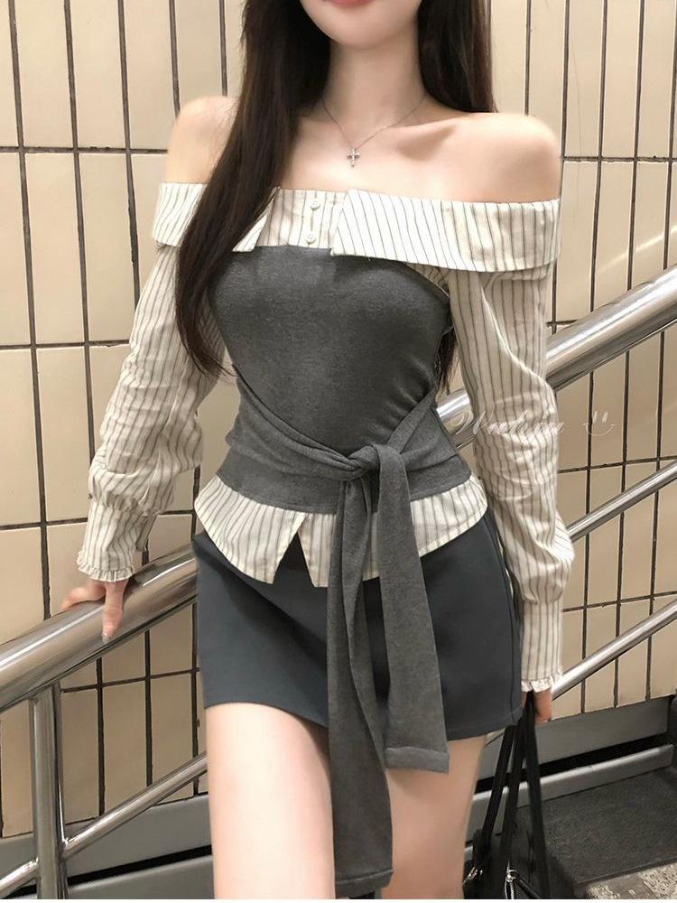 Koreanisches Streifen-Farbblock-Patchwork-One-Shoulder-Taillenbetontes Schlankmachendes Oberteil für Damen