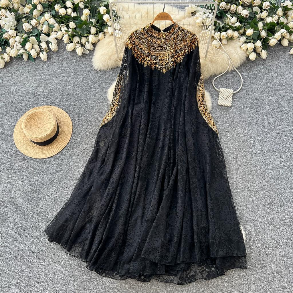 Nuovi Completi Vestito in Pizzo Ricamato con Perline e Paillettes Autunnali per Donna Autunno Vintage Manica a Mantella Collo Tondo Lungo Maxi Abito Robe Musulmane