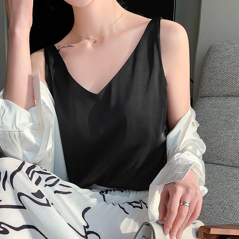 Women's V-Neck Mulberry Silk Camisole - Satin Inner/Outer Wear, Plus Size, Summer Top