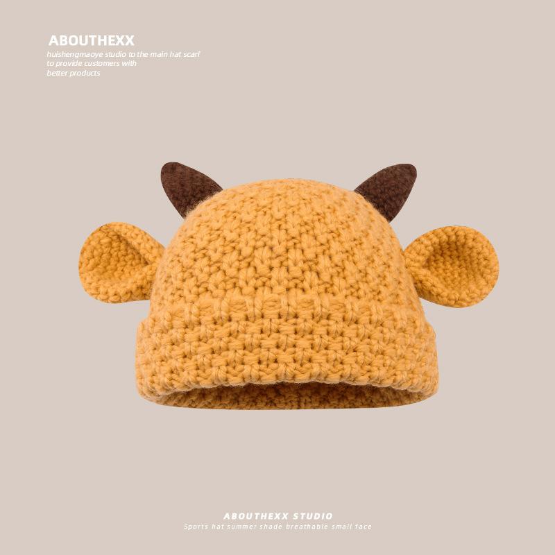 

Knitted Woolen Hat for Women Winter New Style Funny Pullover Hat Cute Horn Cartoon Cold Hat Warm Ear Protection Christmas Hat M（56-58cm）