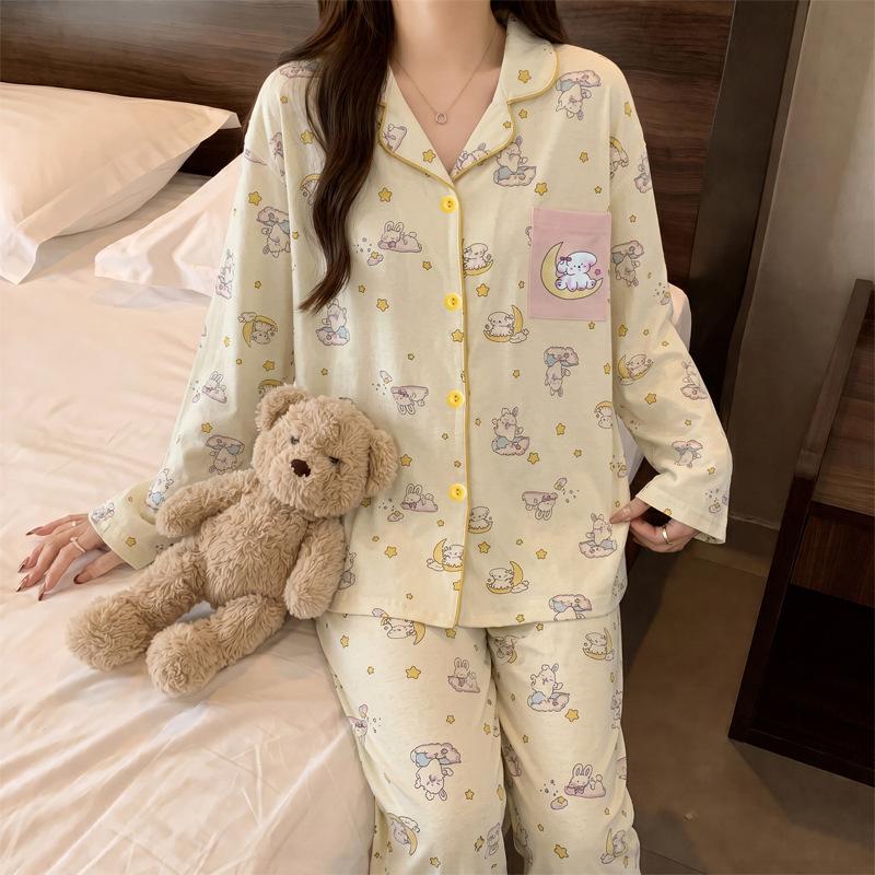 Cute style rabbit pure cotton pajamas women's spring and autumn long-sleeved thin cotton student casual loungewear set