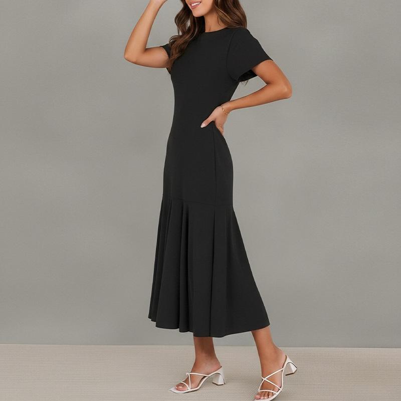 Frühlings-Neuheiten Damenbekleidung, modisches und elegantes einfarbiges Spleiß-Falten-Schmal geschnittenes Kleid