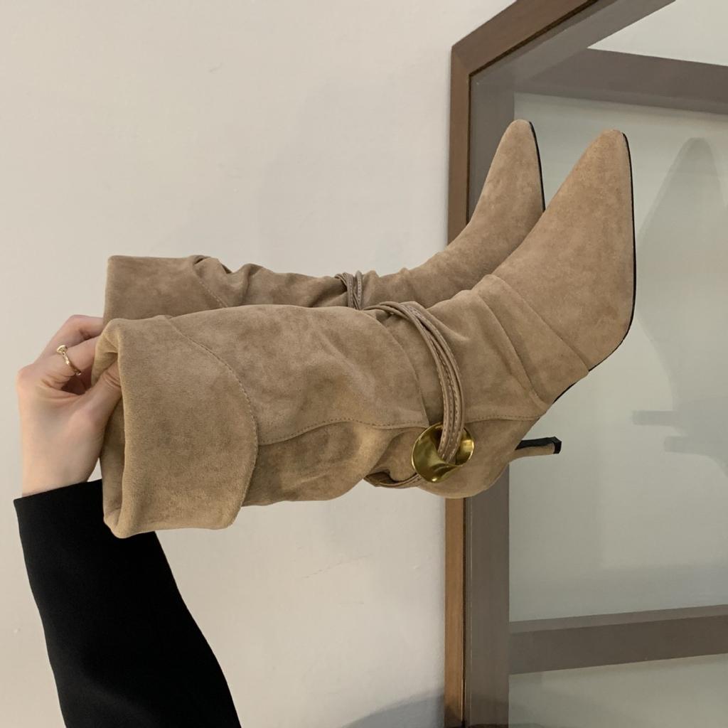 High Heel Pointed Pile Boots Medium Knight Boots Women's Boots 2025 Fall Winter Western Cowboy Brown Skinny Boots