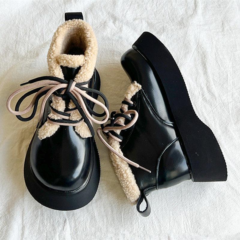 Fashion Round Toe Lace-up Chunky Snow Boots for Women Leather Plush Booties Comfortable and Elegant Footwear Autumn Winter Woman Shoes