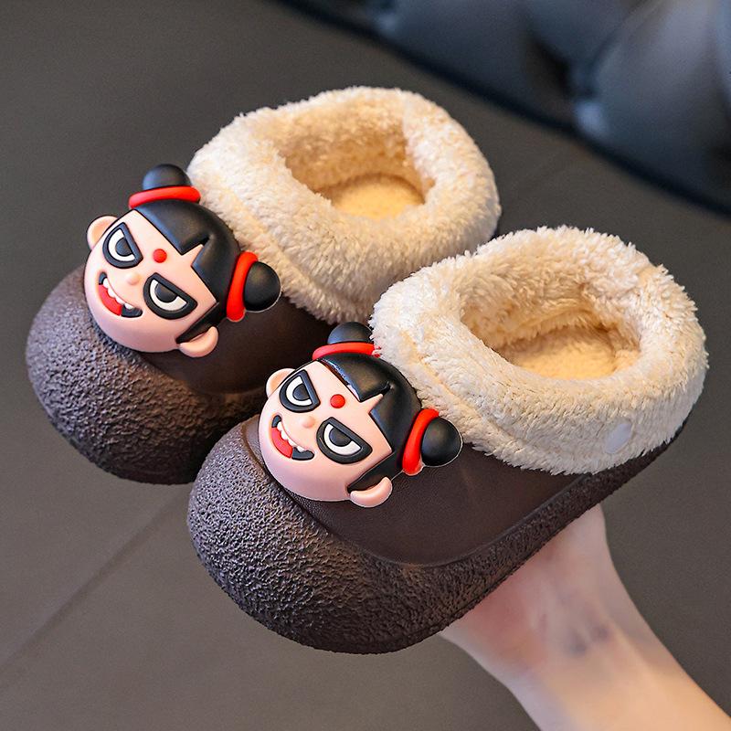 

2025 Autumn/Winter Nezha Fluffy Cotton Slippers - Cute, Warm, Waterproof, Detachable Children s Cartoon Design Size 24-25 коричневий