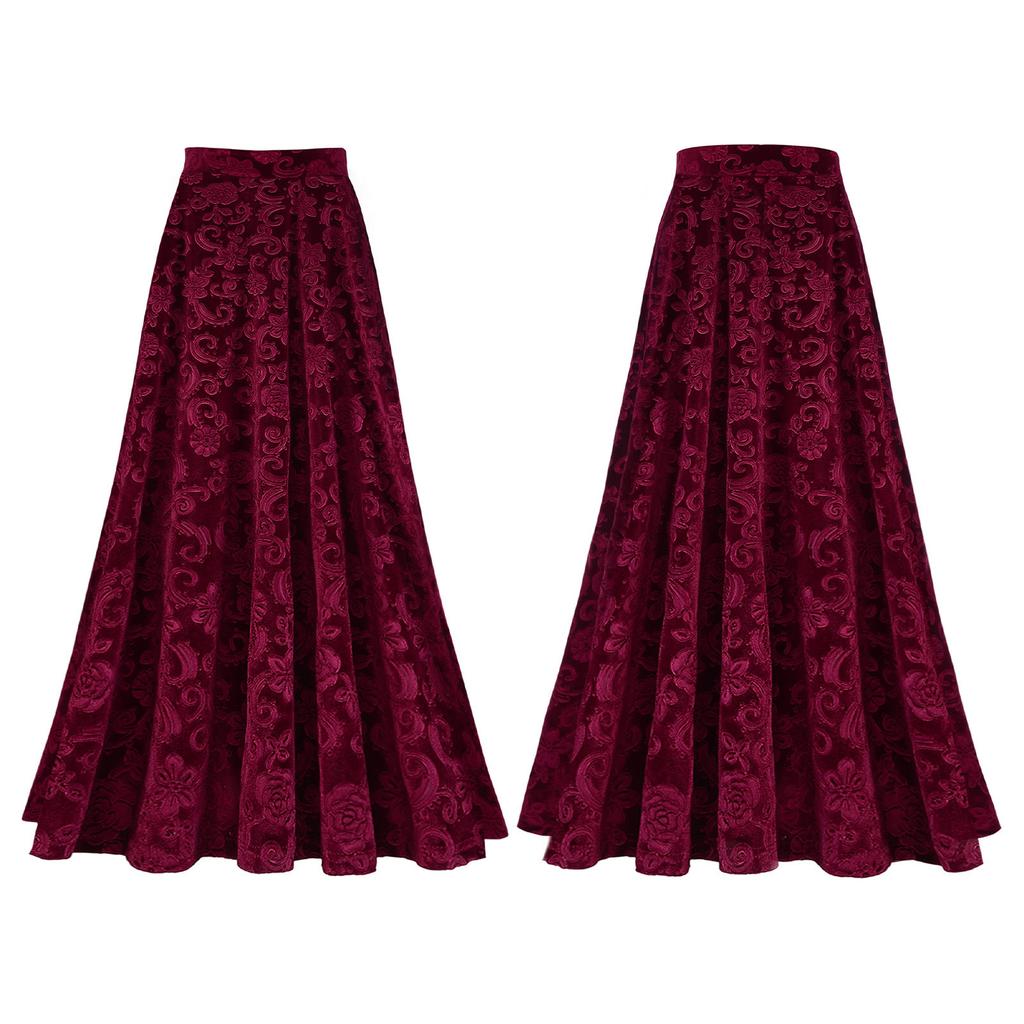 Women Retro Floral Print Skirt Elastic Waistband Solid Color Vintage Style for Wedding Party Banquet