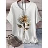 Summer New Women's Comfortable and Fashionable Round Neck Gold Branch White Rose Pattern Printed Short-sleeved T-shirt