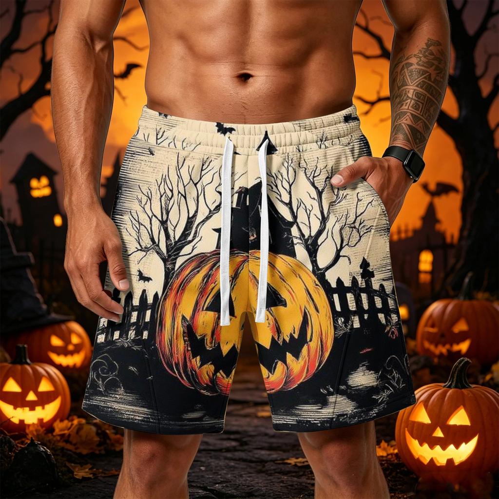 Men's Halloween Loose Fit Shorts with Pockets Drawstring Waistband Athletic Printed Shorts for Casual Sportswear